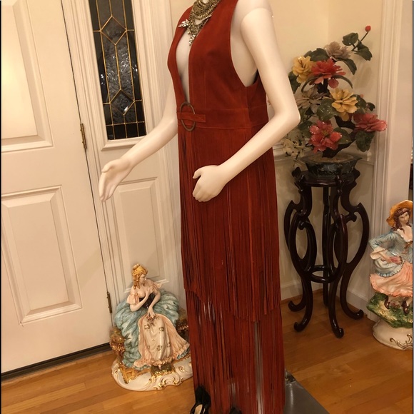 NEVER WORN ORANGE SUEDE DEEP V NECK DRESS WFRINGES - Picture 3 of 7